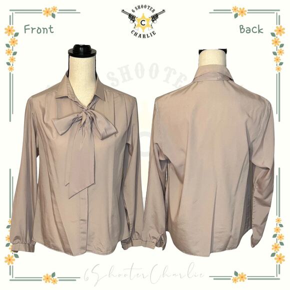 Vintage 70s Sears Fashion Place Beige Satin Touch Blouse with Bow Detail Size 12 - Picture 1 of 5